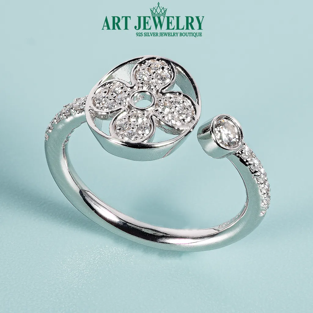 Nhẫn nữ hoa bốn cánh tròn đá Moissanite bạc 925