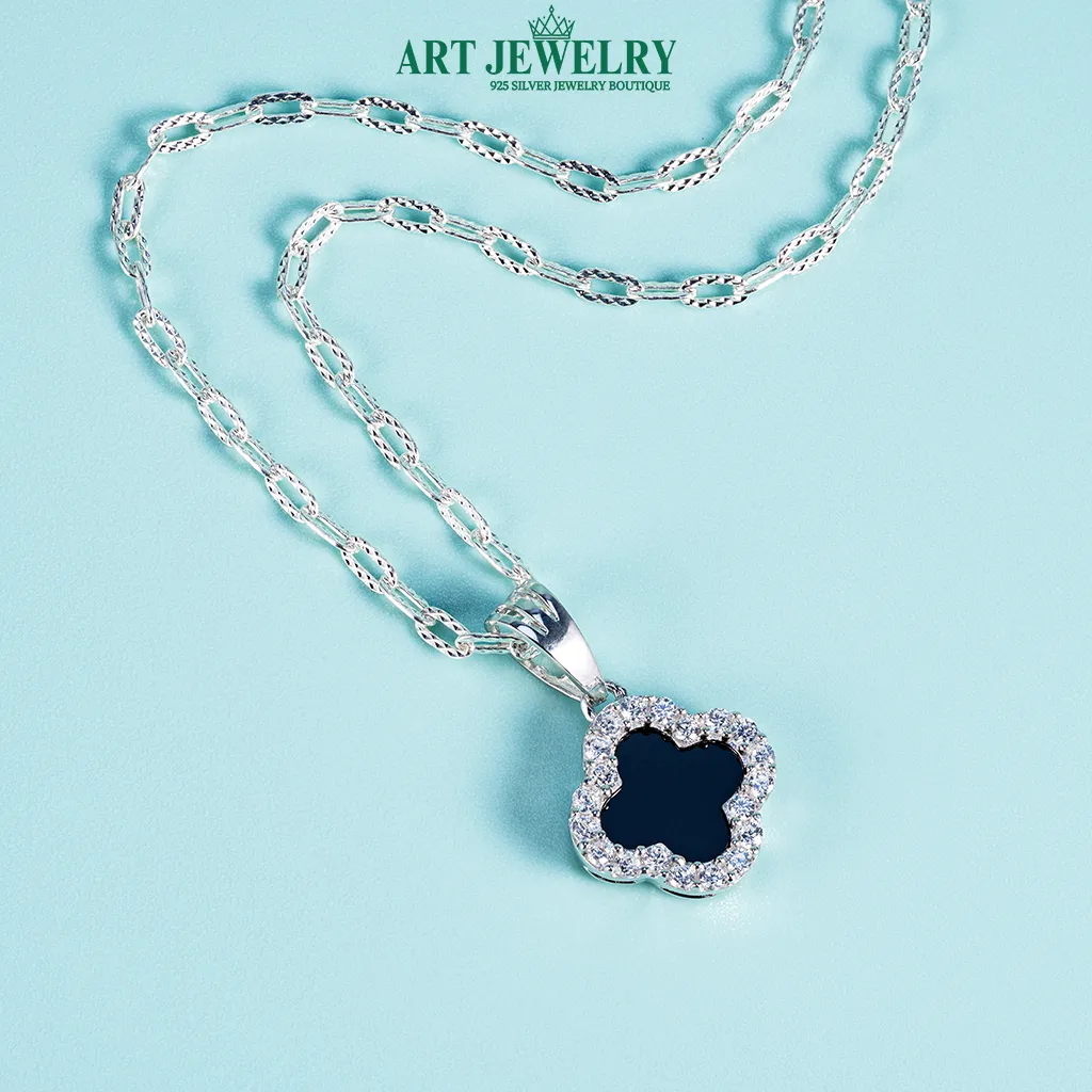 Dây chuyền Italy gắn mặt cỏ bốn lá đá đen viền CZ bạc 925