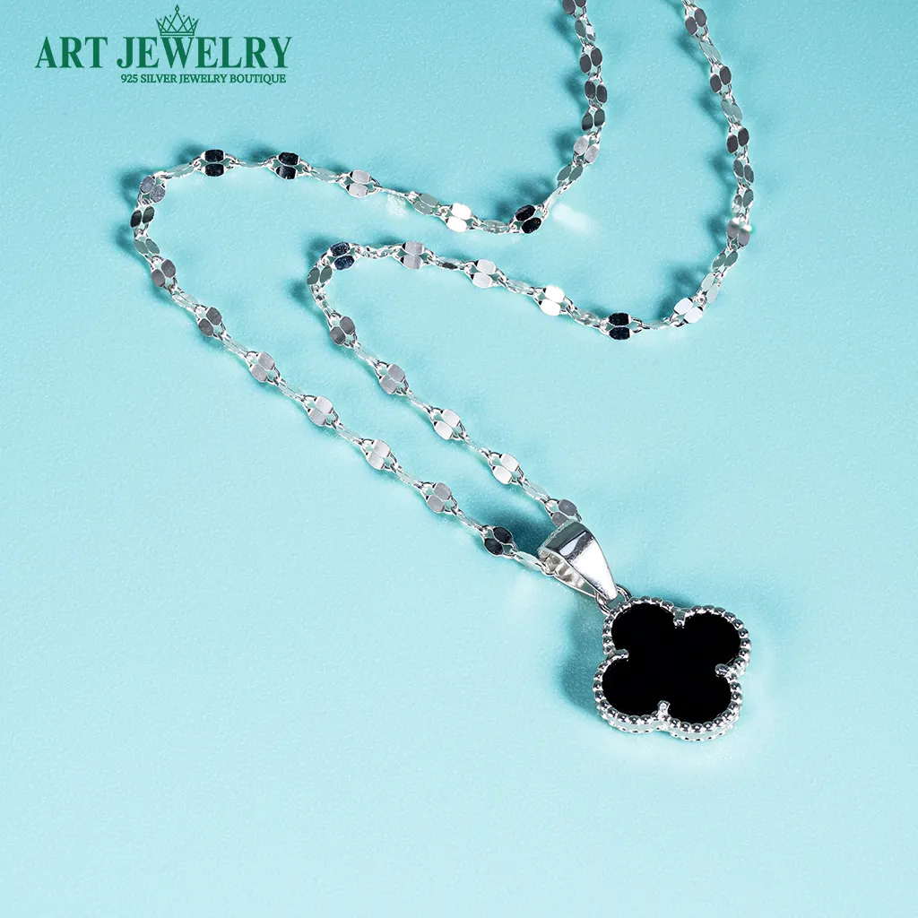 Dây chuyền trơn Italy gắn mặt có bốn lá đá đen bạc 925