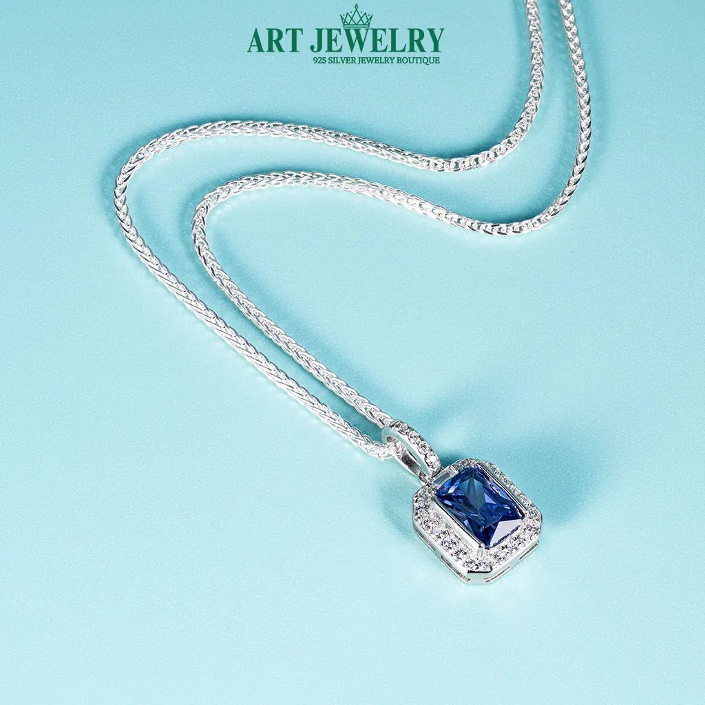 Dây chuyền xương cá Italy gắn mặt đá chữ nhật xanh đen bạc 925