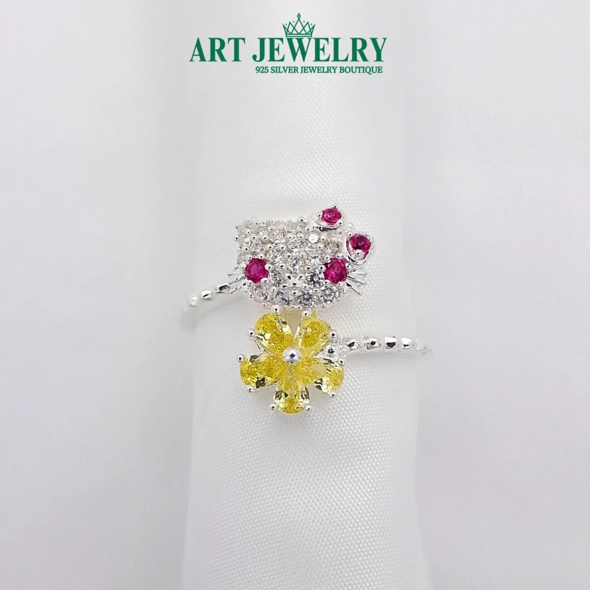 Nhẫn mèo kitty hoa vàng