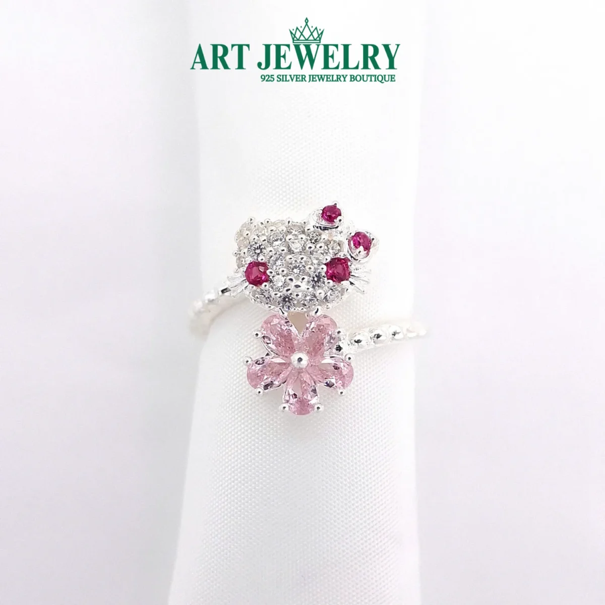 Nhẫn mèo kitty hoa màu hồng