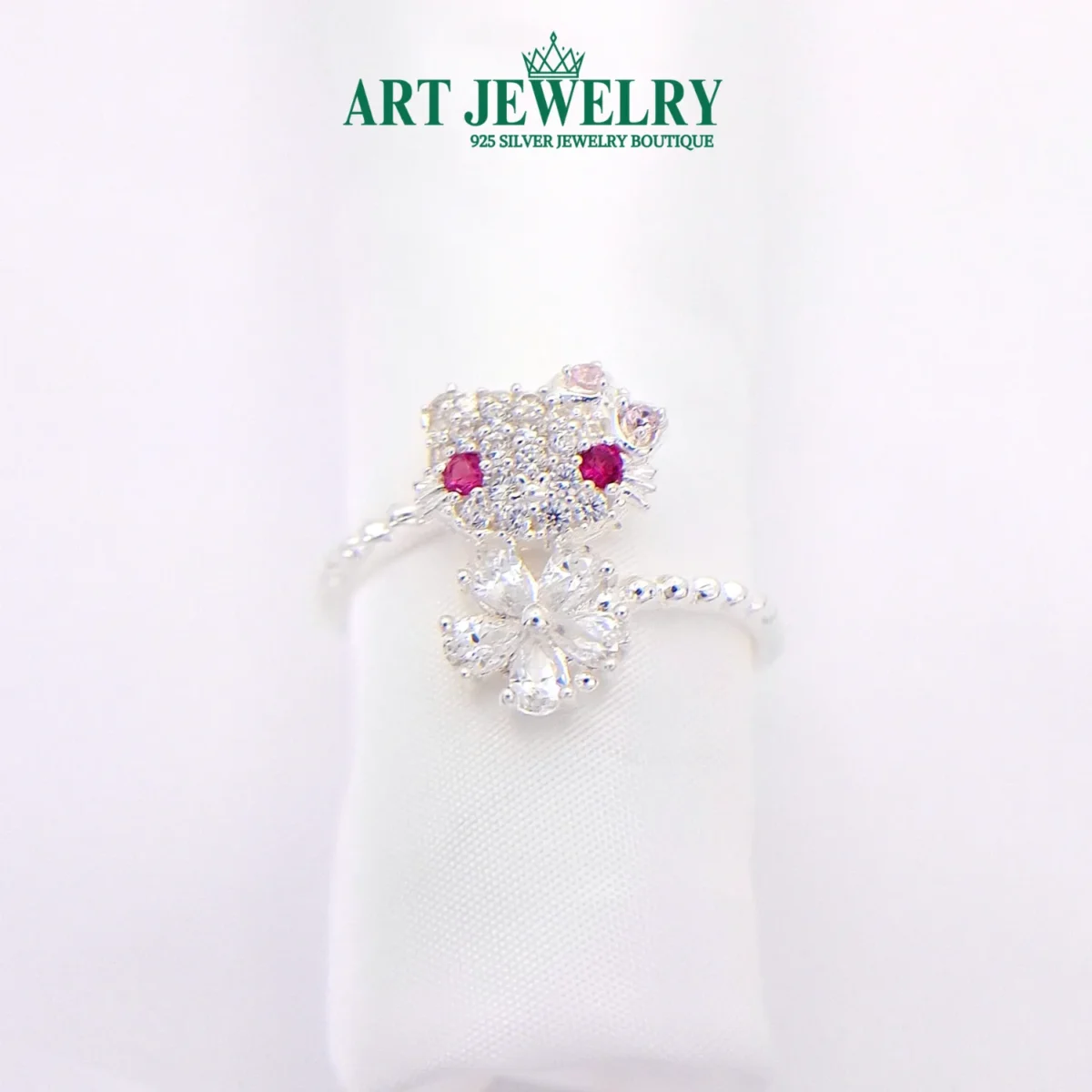 Nhẫn mèo kitty hoa xanh màu trắng