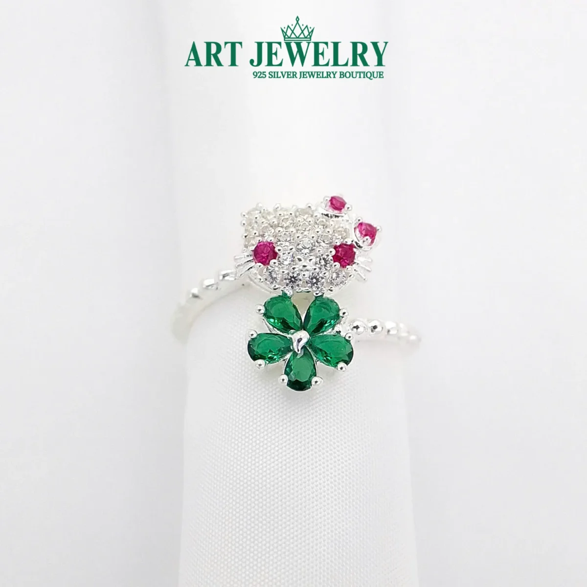 Nhẫn mèo kitty hoa xanh lá cây