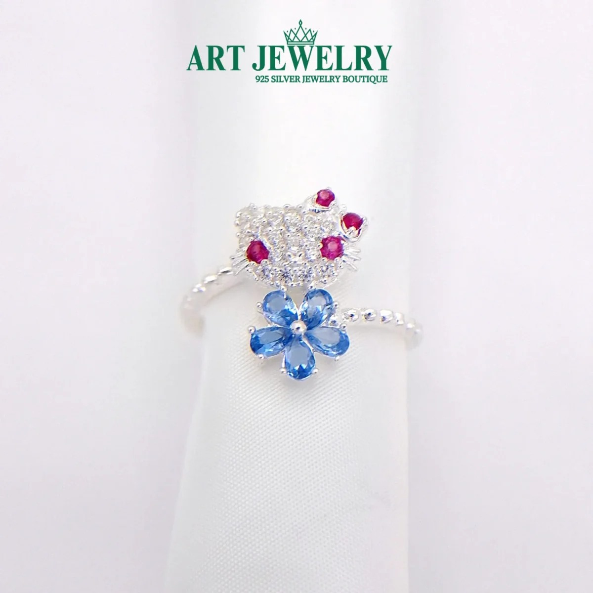 Nhẫn mèo kitty hoa xanh biển