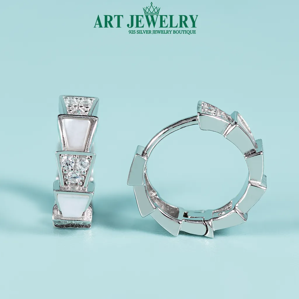 Bông tai khoen bật rắn xinh đính xà cừ và đá CZ bạc 925