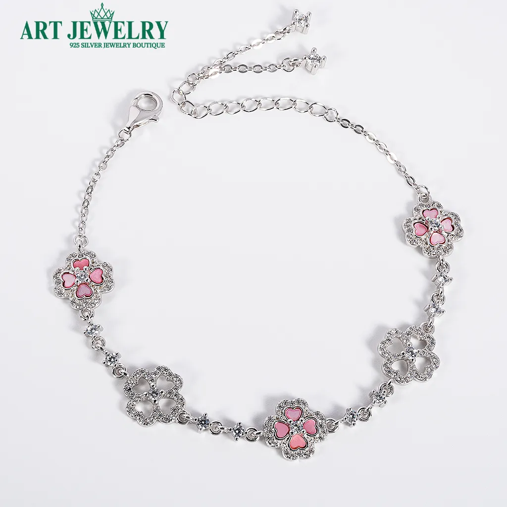 Lắc tay cỏ bốn lá tim khảm đá hồng bạc 925