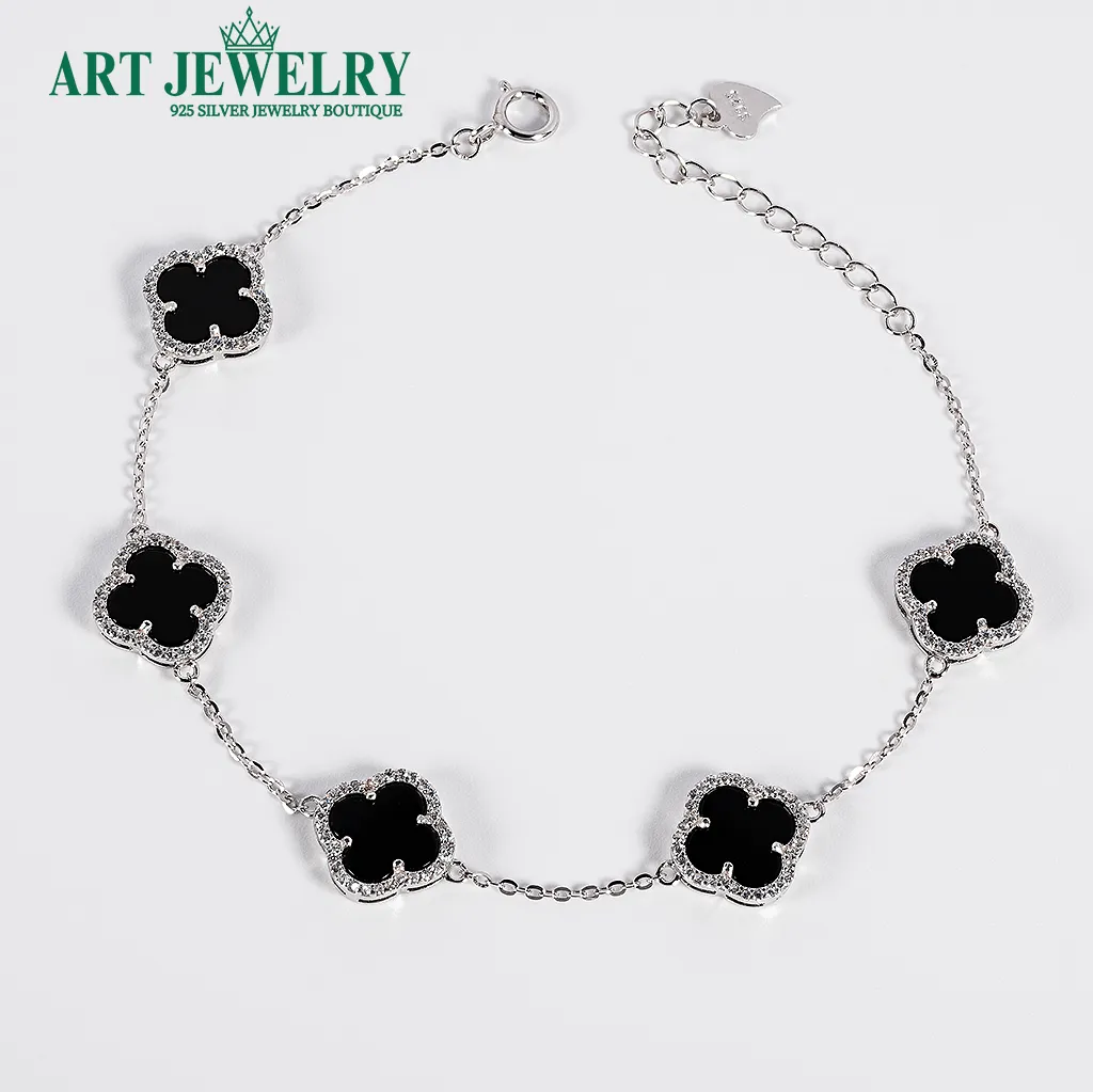 Lắc tay cỏ bốn lá đá đen 10mm viền CZ bạc 925