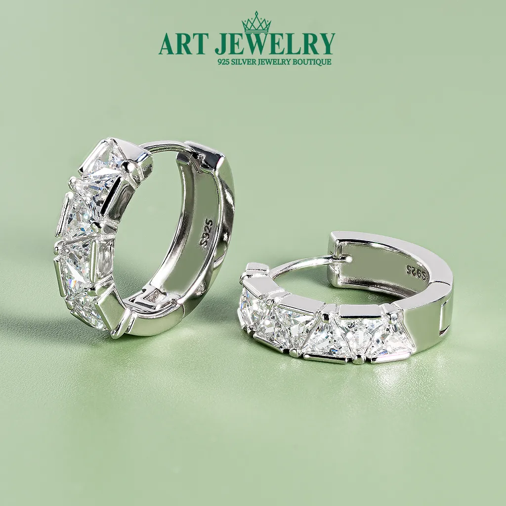 Bông tai khoen tròn đuôi bật đá tam giác bạc 925