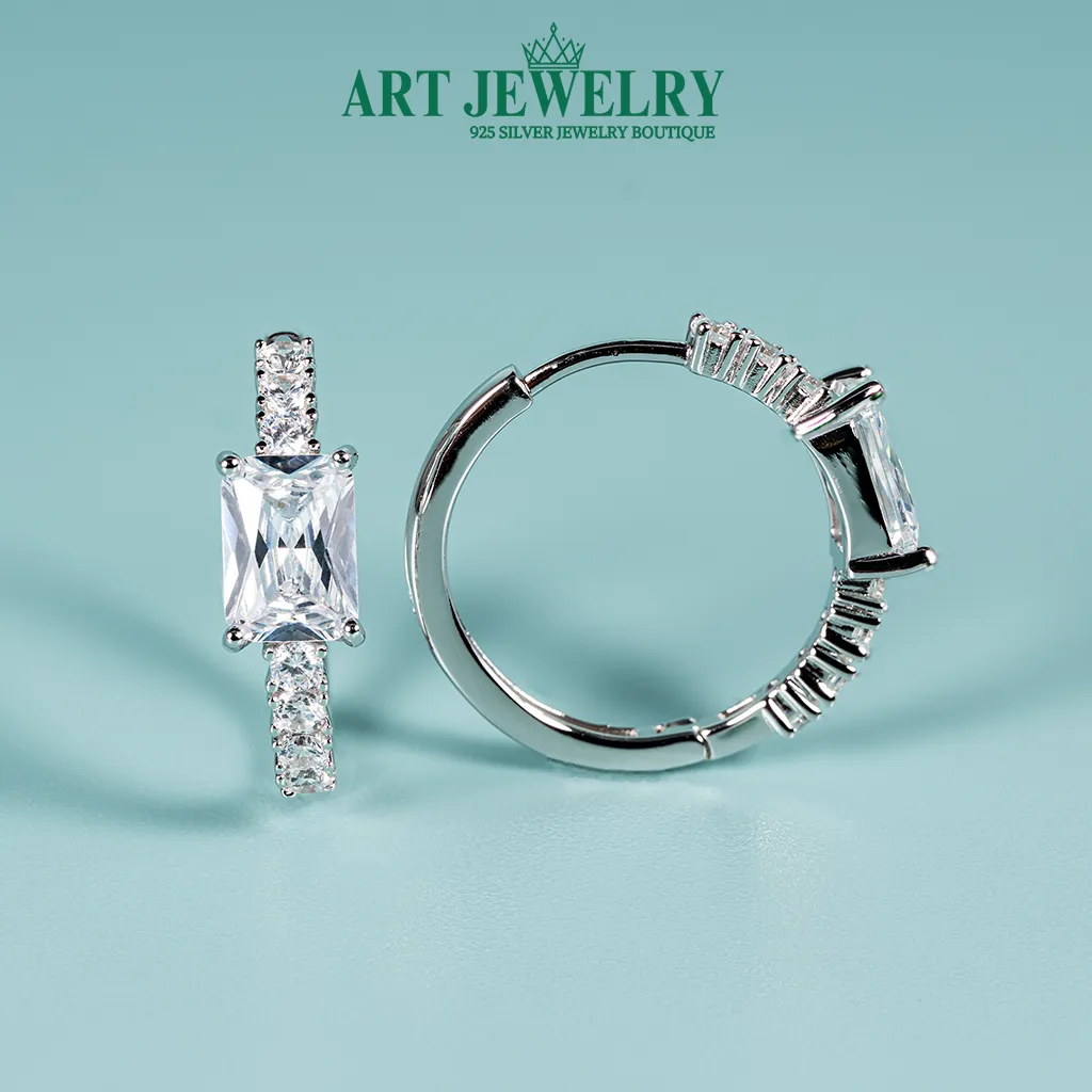 Bông tai khoen tròn đuôi bật đá chữ nhật bạc 925