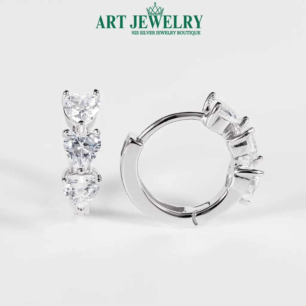 Bông tai 3 đá trái tim khoen bật bạc 925