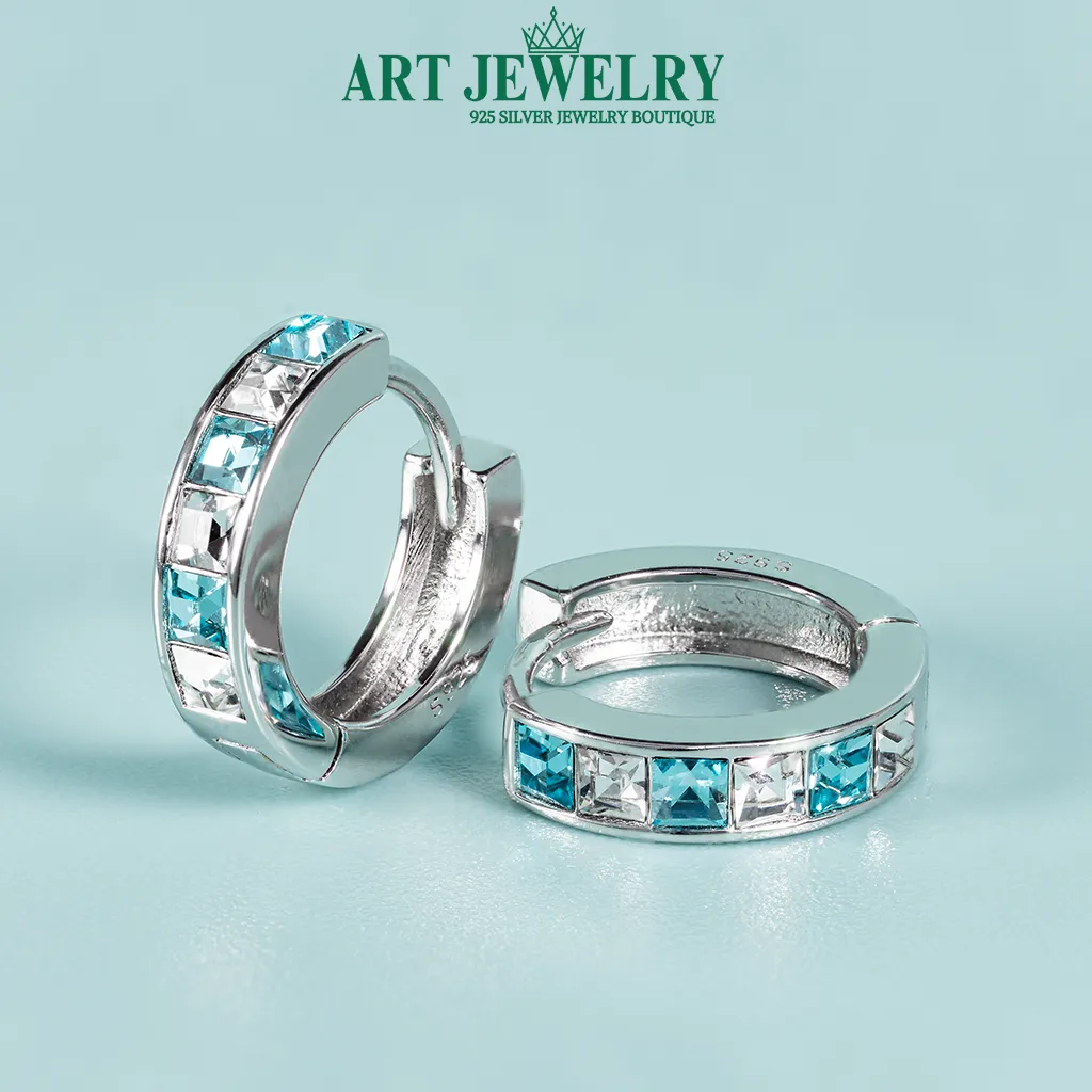 Bông tai khoen tròn đuôi bật đá vuông xanh trắng bạc 925