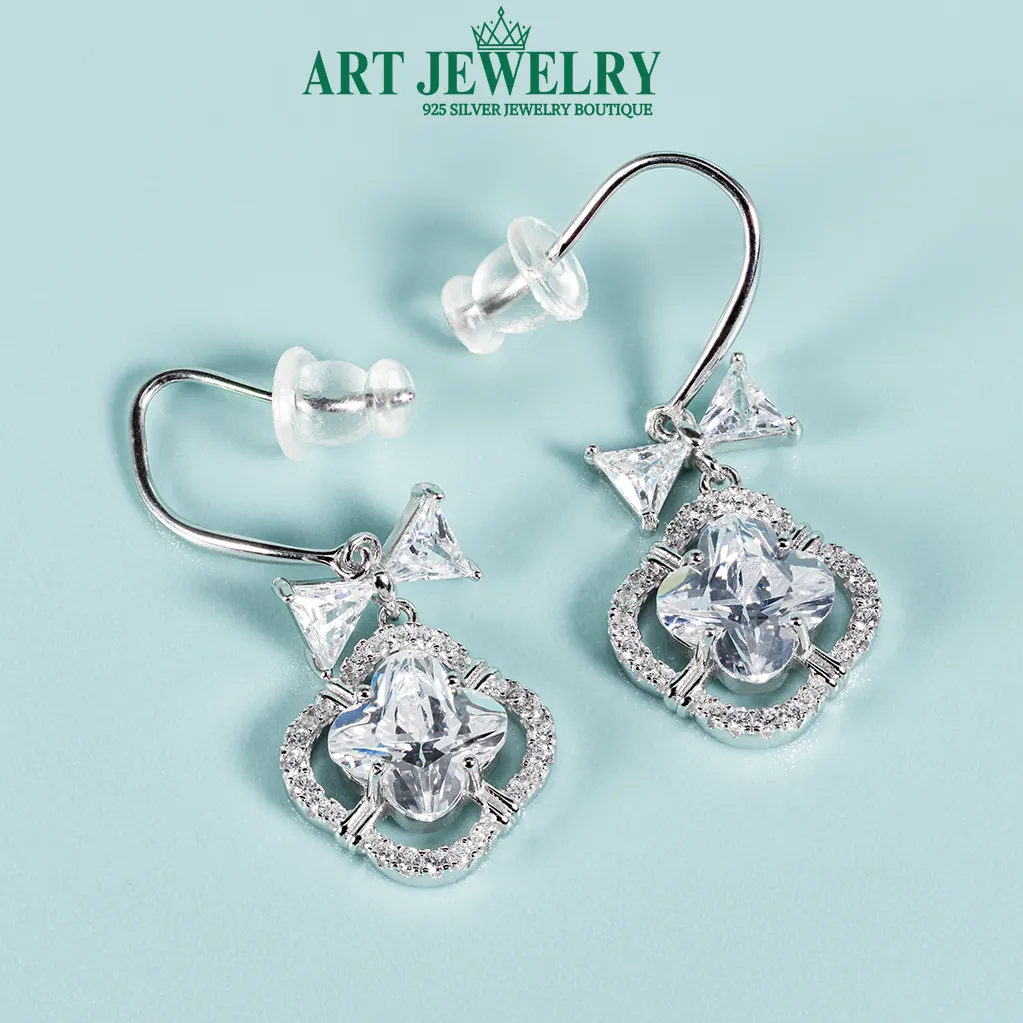 Bông tai đá CZ cỏ bốn lá đuôi móc bạc 925