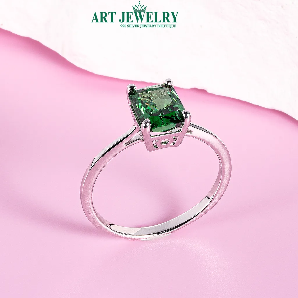Nhẫn Solitaire đá Nam Phi xanh lục bảo bạc 925
