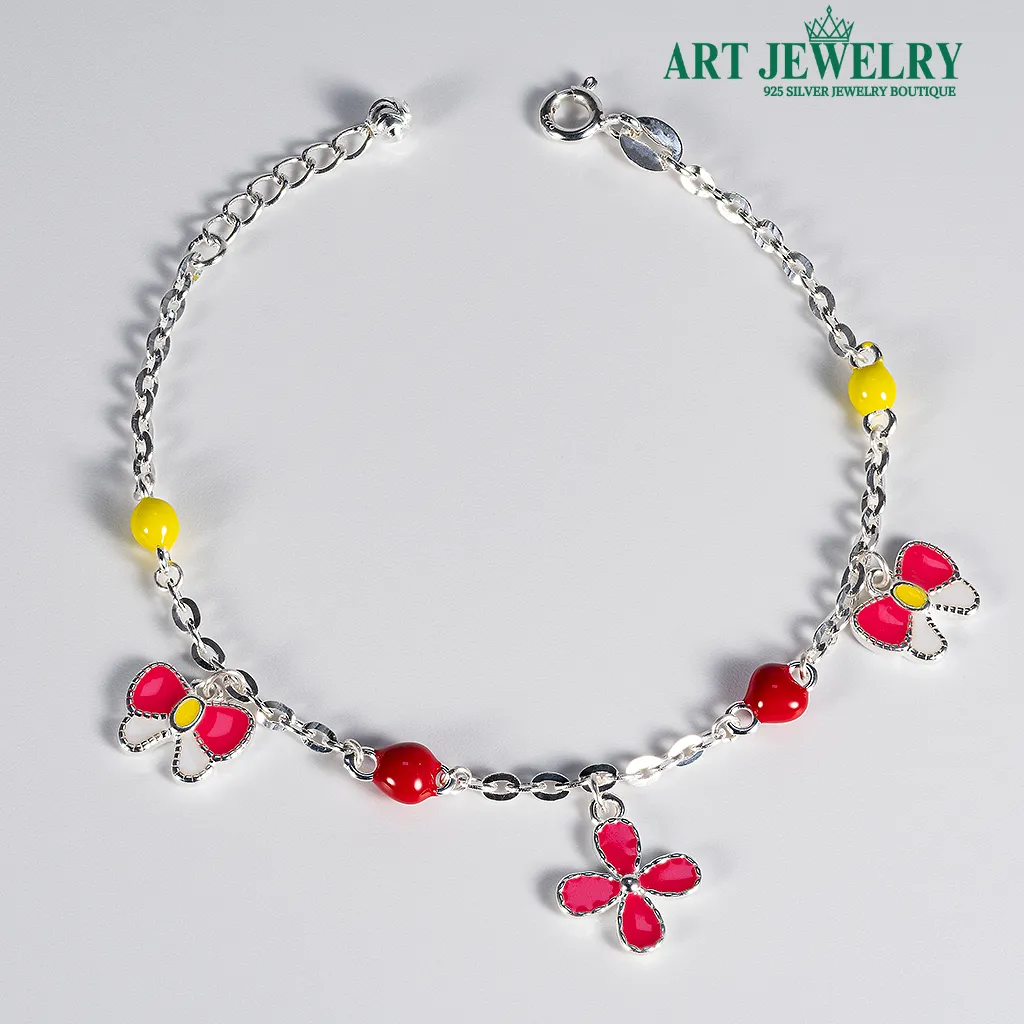 Lắc tay bé gái hoa và nơ bạc 925