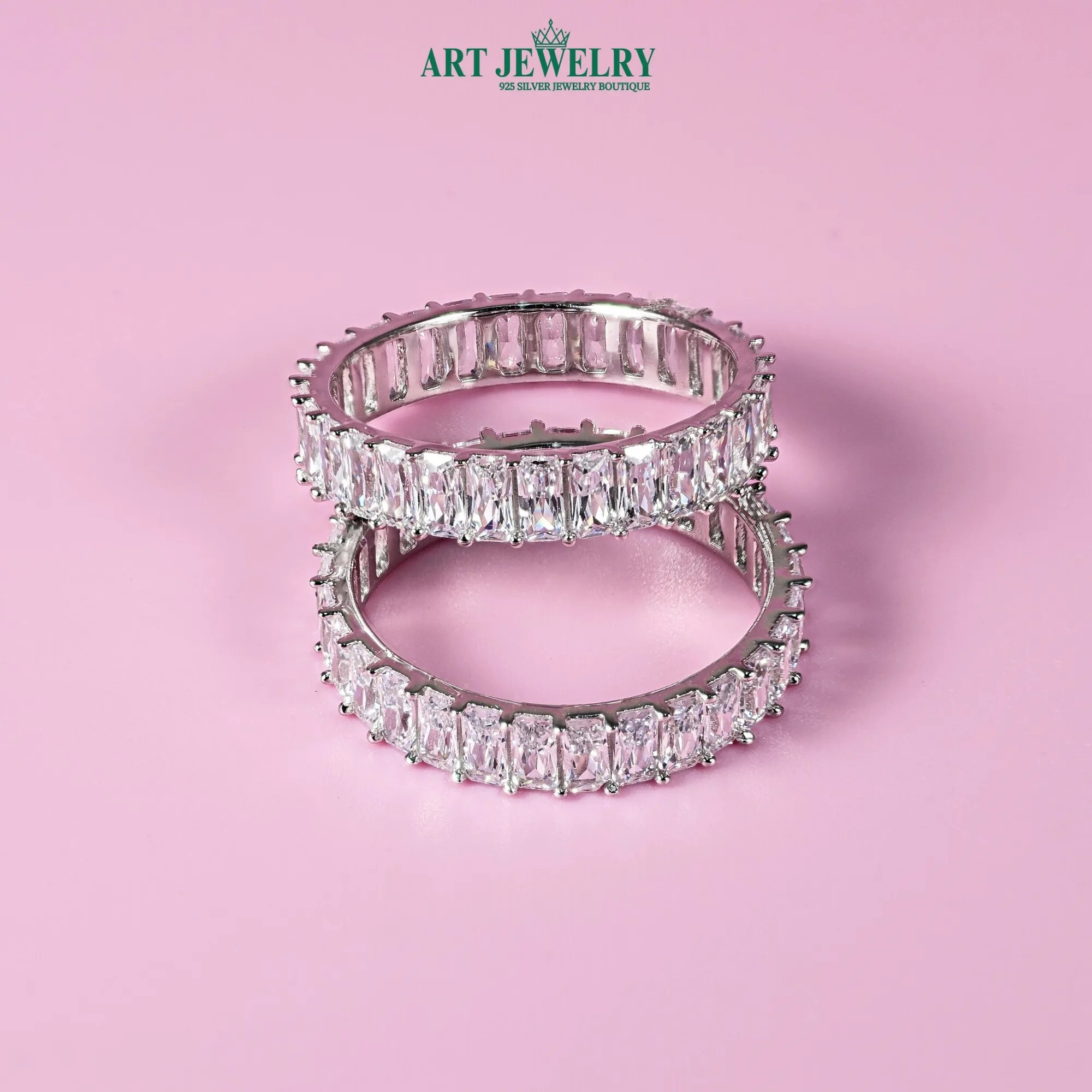 Nhẫn Eternity đính đá CZ baguette chữ nhật bạc 925