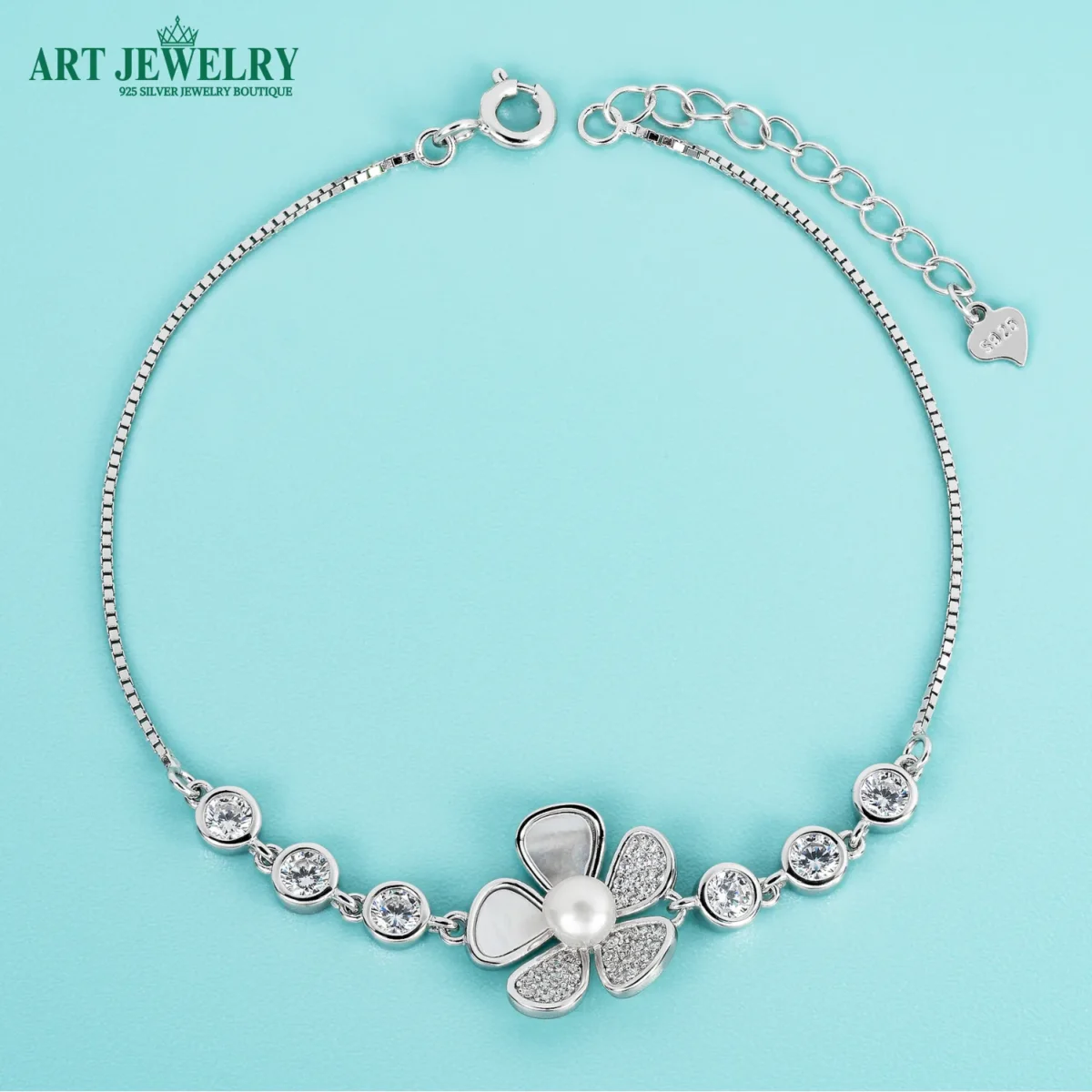 Lắc tay hoa mai khảm xà cừ và đá CZ bạc 925