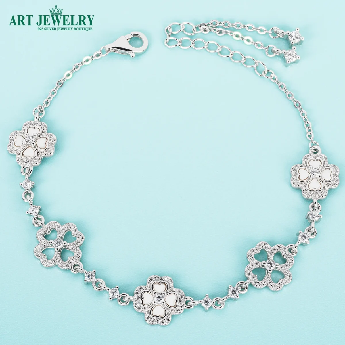 Lắc tay cỏ bốn lá tim khảm xà cừ trắng bạc 925