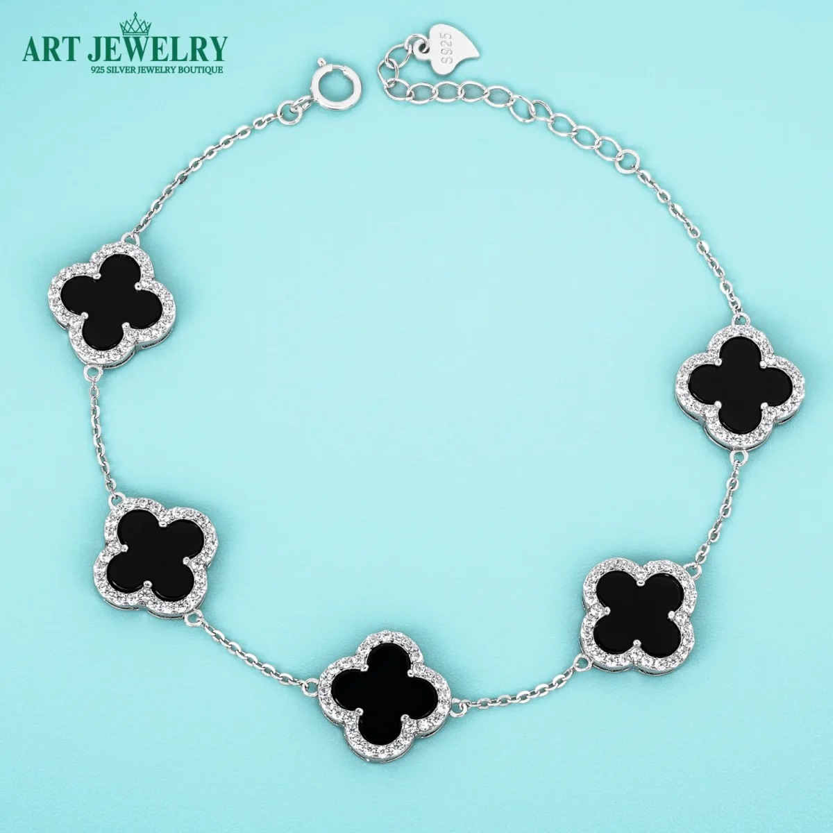 Lắc tay cỏ bốn lá đá đen 12mm viền CZ bạc 925