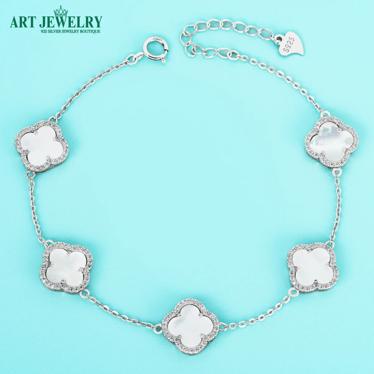 Lắc tay cỏ bốn lá khảm xà cừ viền đá CZ bạc 925