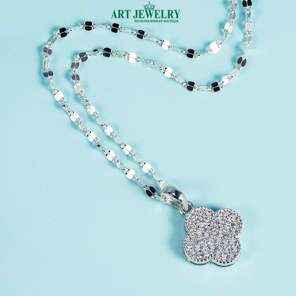 Dây chuyền trơn Italy gắn mặt cỏ bốn lá đính đá tấm CZ bạc 925