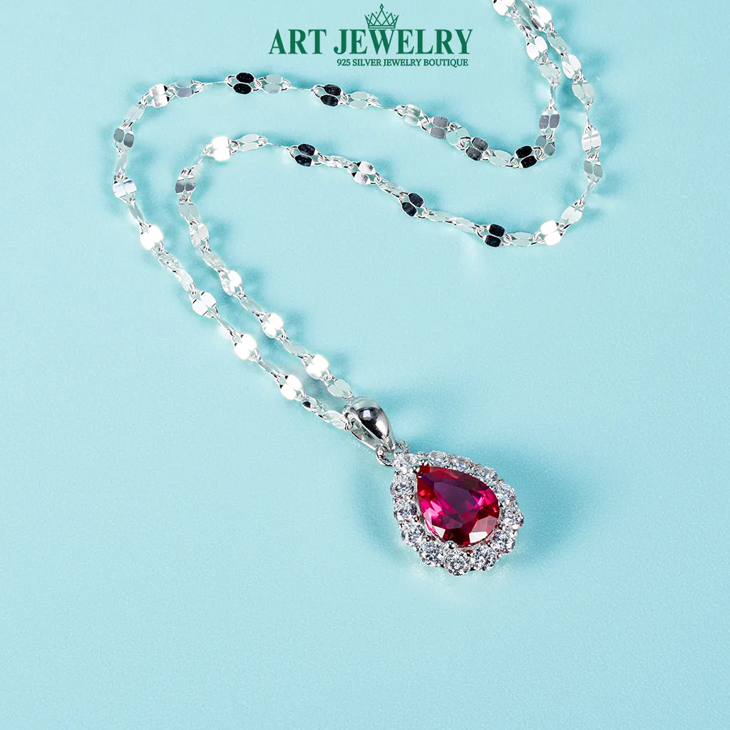 Dây chuyền trơn Italy gắn mặt đá giọt nước đỏ bạc 925