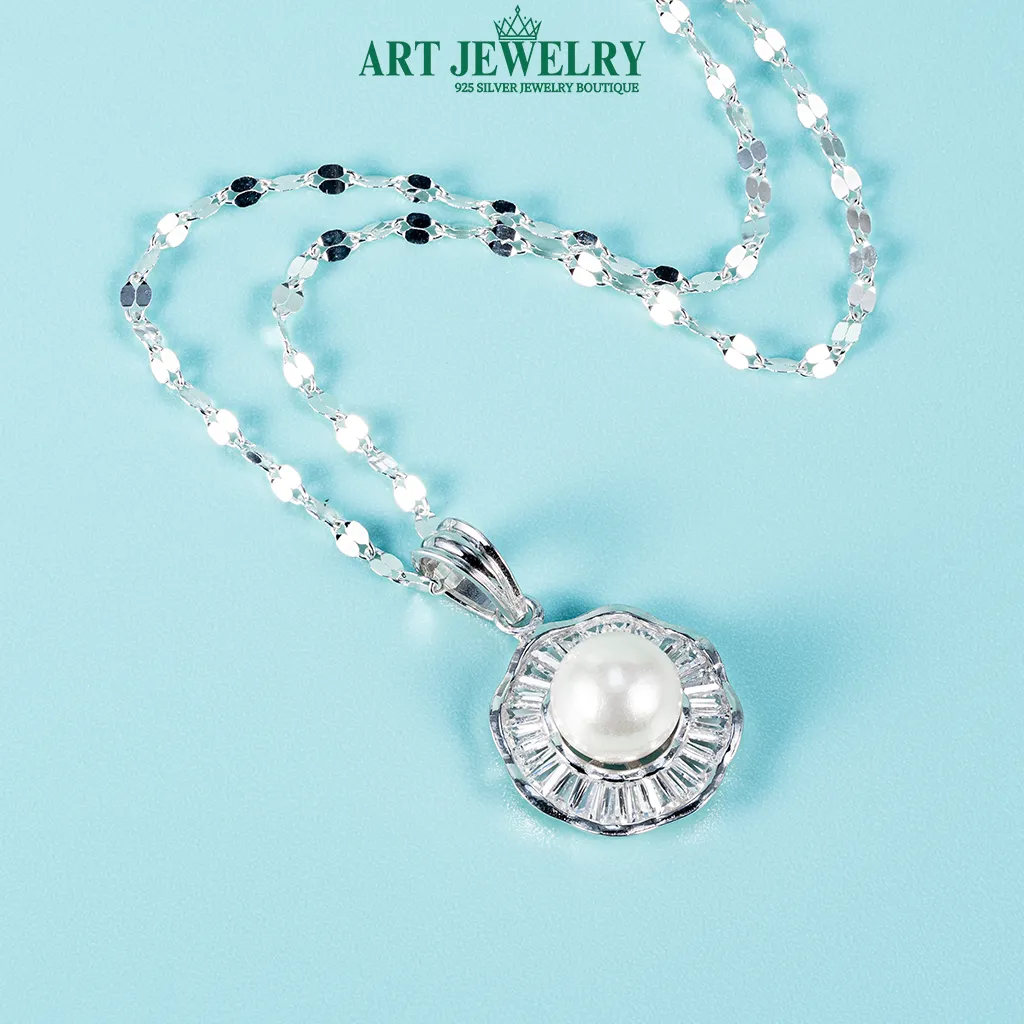 Dây chuyền trơn Italy gắn mặt ngọc trai viền đá baguette bạc 925