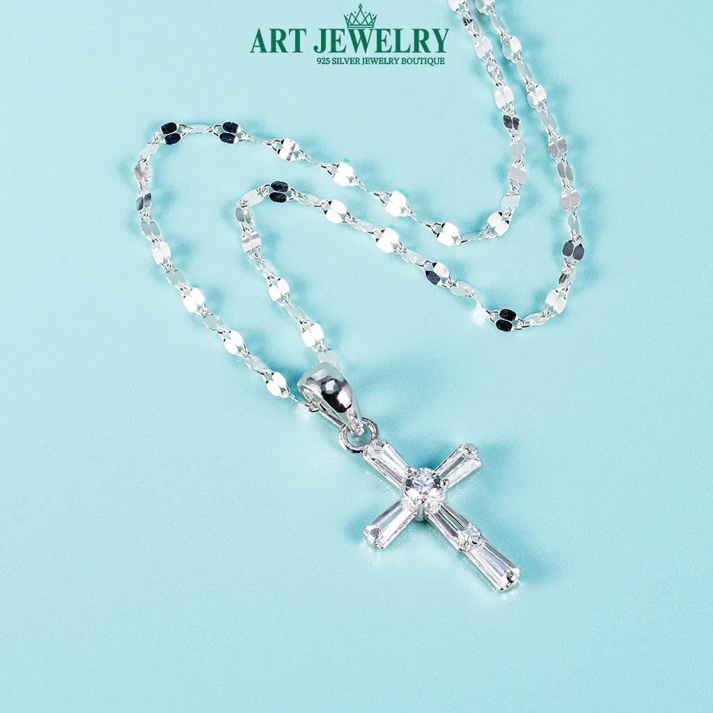 Dây Chuyền Italy Gắn Mặt Thánh Giá Đính Đá Baguette Bạc 925